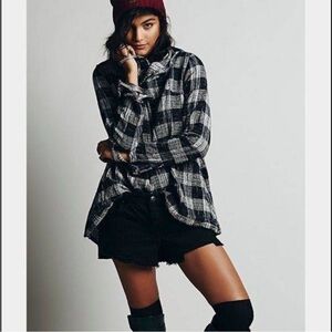 Free People Walk In The Park Plaid Tunic Top Shirt Cowl Neck Black White Large